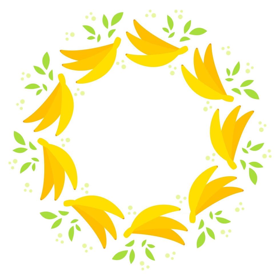 Round wreath of yellow appetizing bananas with green leaves Simple flat vector illustration.