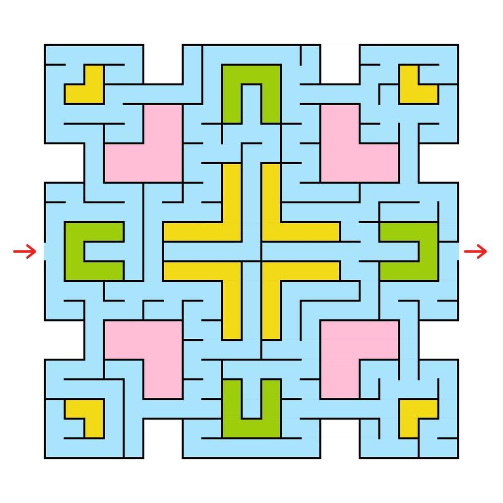 Fantástico laberinto cuadrado colorido con una entrada y una salida. Ilustración de vector plano simple aislado sobre fondo blanco.