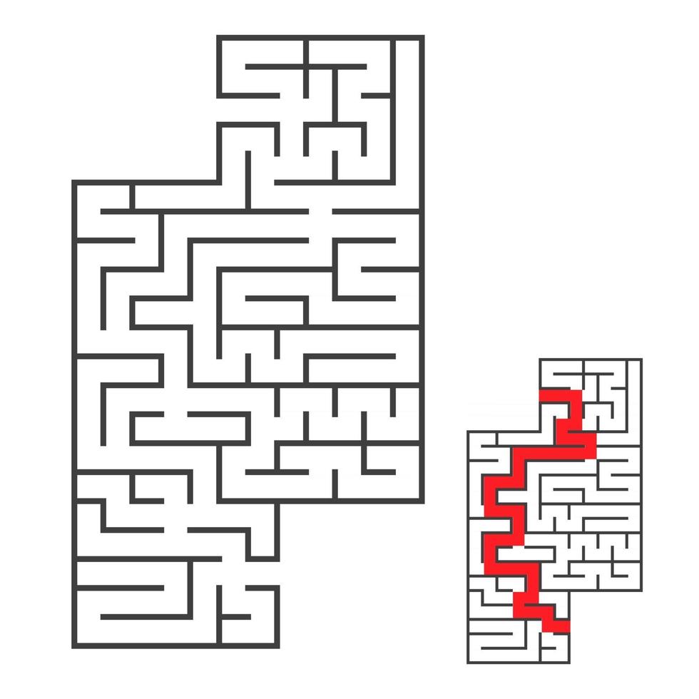 Rectangular labyrinth with an input and an exit. Simple flat vector illustration isolated on white background. With the correct answer.