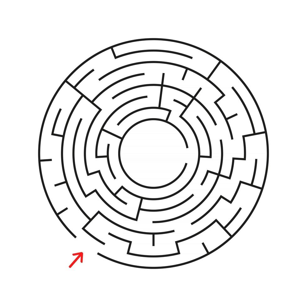 Round labyrinth. With the entrance and exit. An interesting game for children and adults. Simple flat vector illustration isolated on white background.