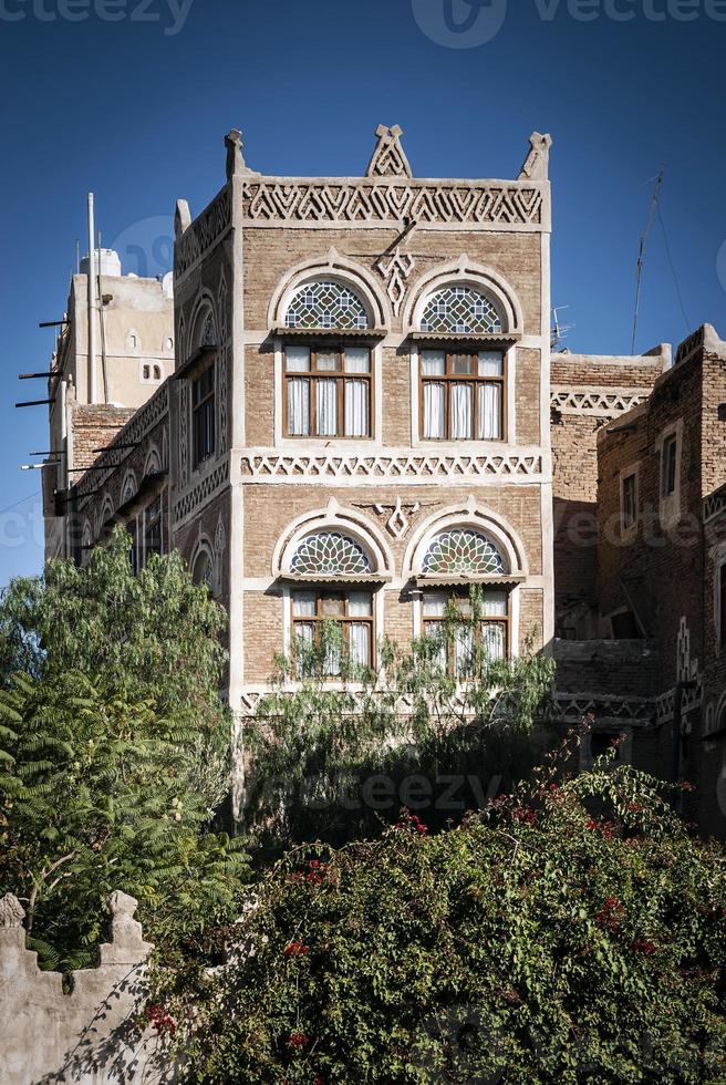 traditional architecture buildings view in sanaa city old town in yemen photo