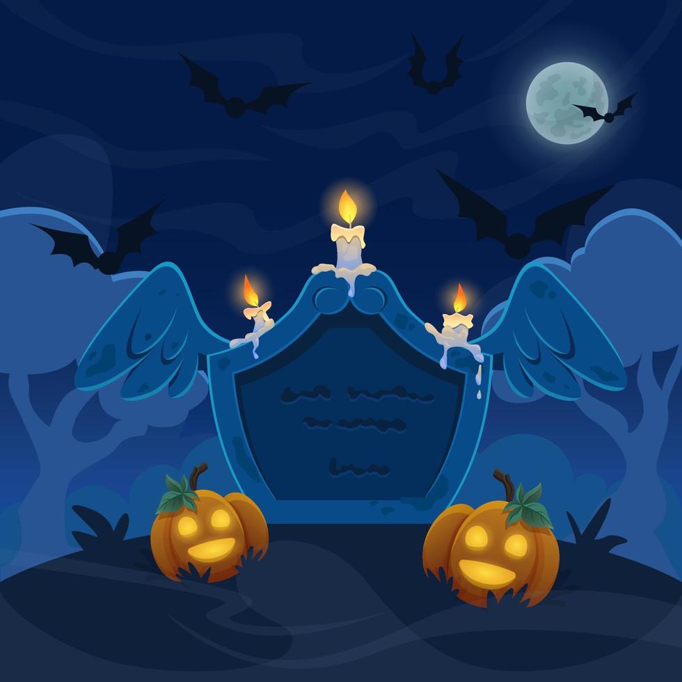 una vieja tumba de piedra con velas en el cementerio. noche de luna llena con murciélagos en el cielo y calabazas. ilustración de halloween. vector