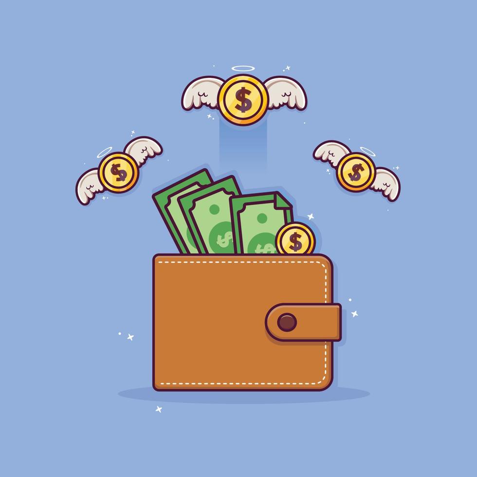 Wallet and flying money cartoon. saving money background concept. cash coins vector. money cash coins flying from wallet concept gold coins vector icon design