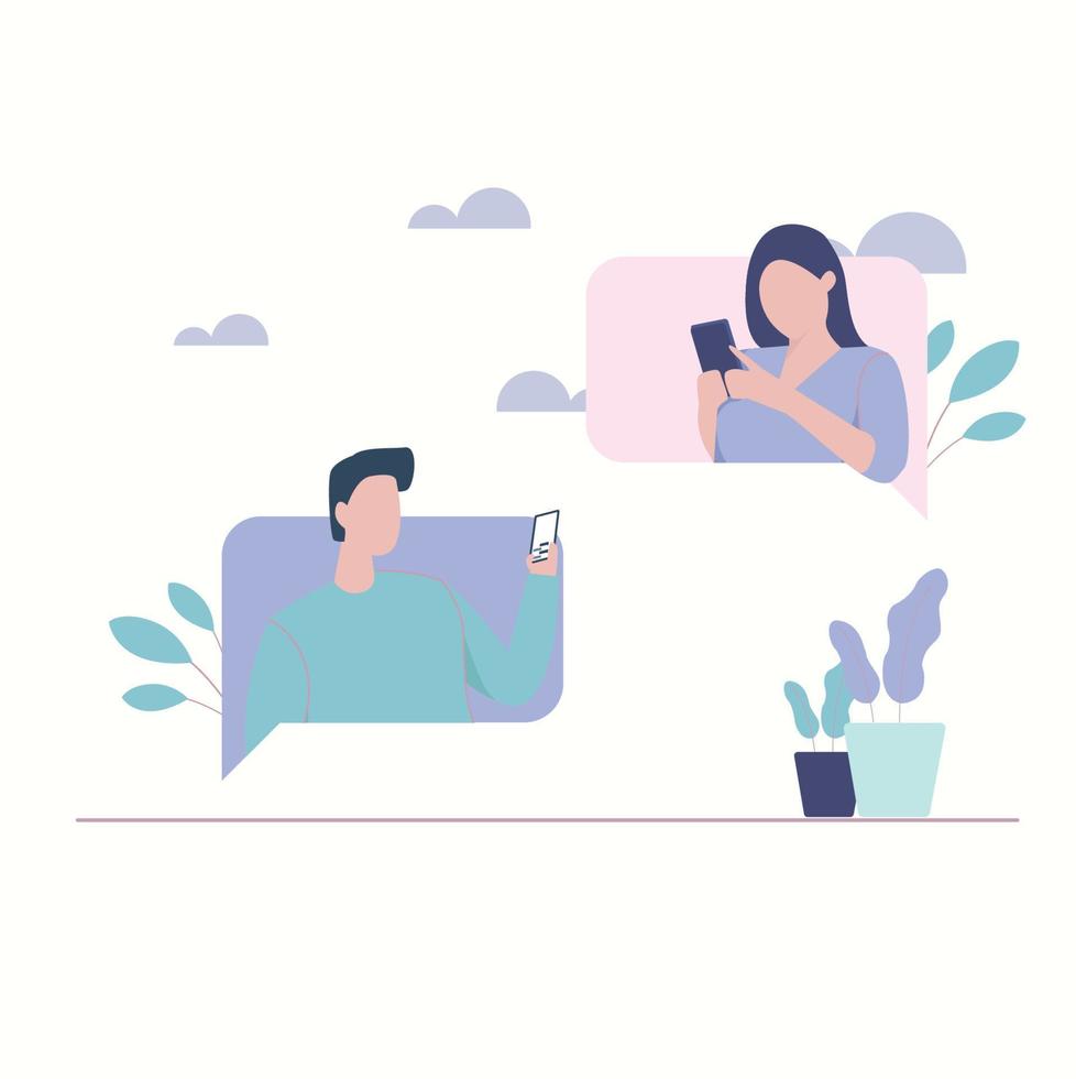 Ilustración hombre mujer con gadget smartphone hablar negocios compras interés amoroso vector