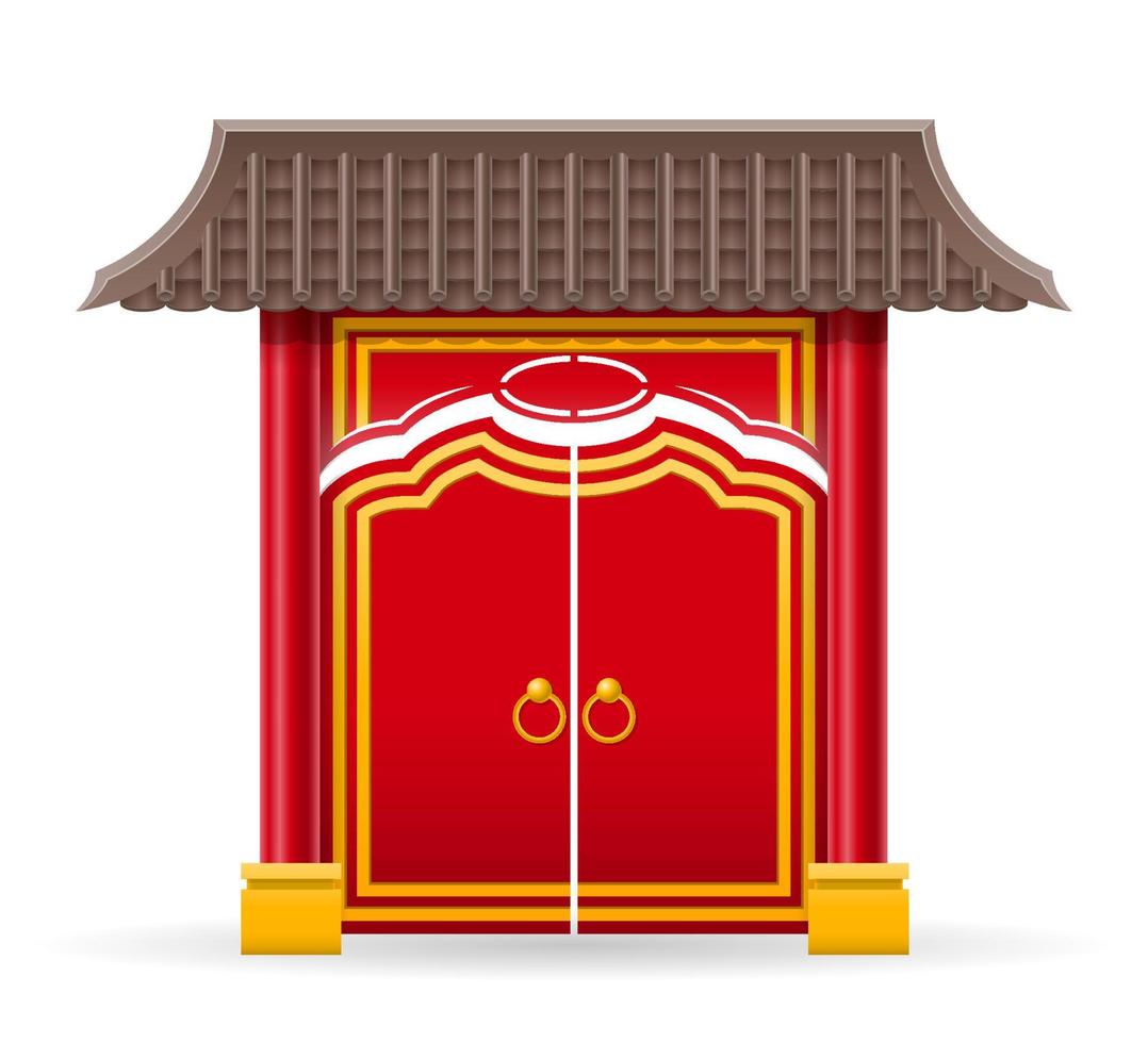 Puerta china para ingresar a un templo o pagoda con columnas y una ilustración de vector de techo aislado en el fondo