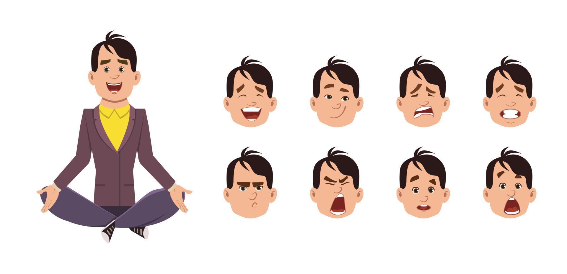 Young man character with different type of facial expression . vector