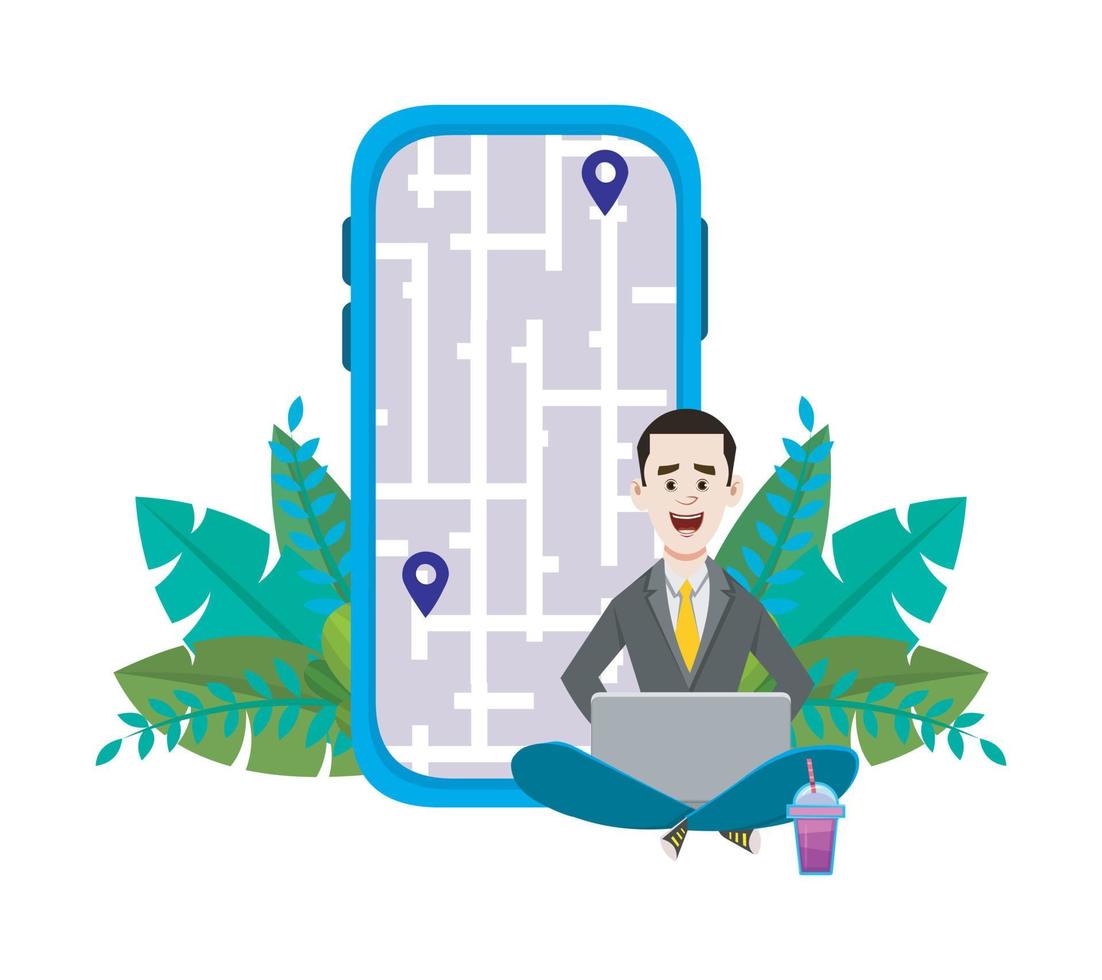 Young man outdoor sitting and checking routes and location vector