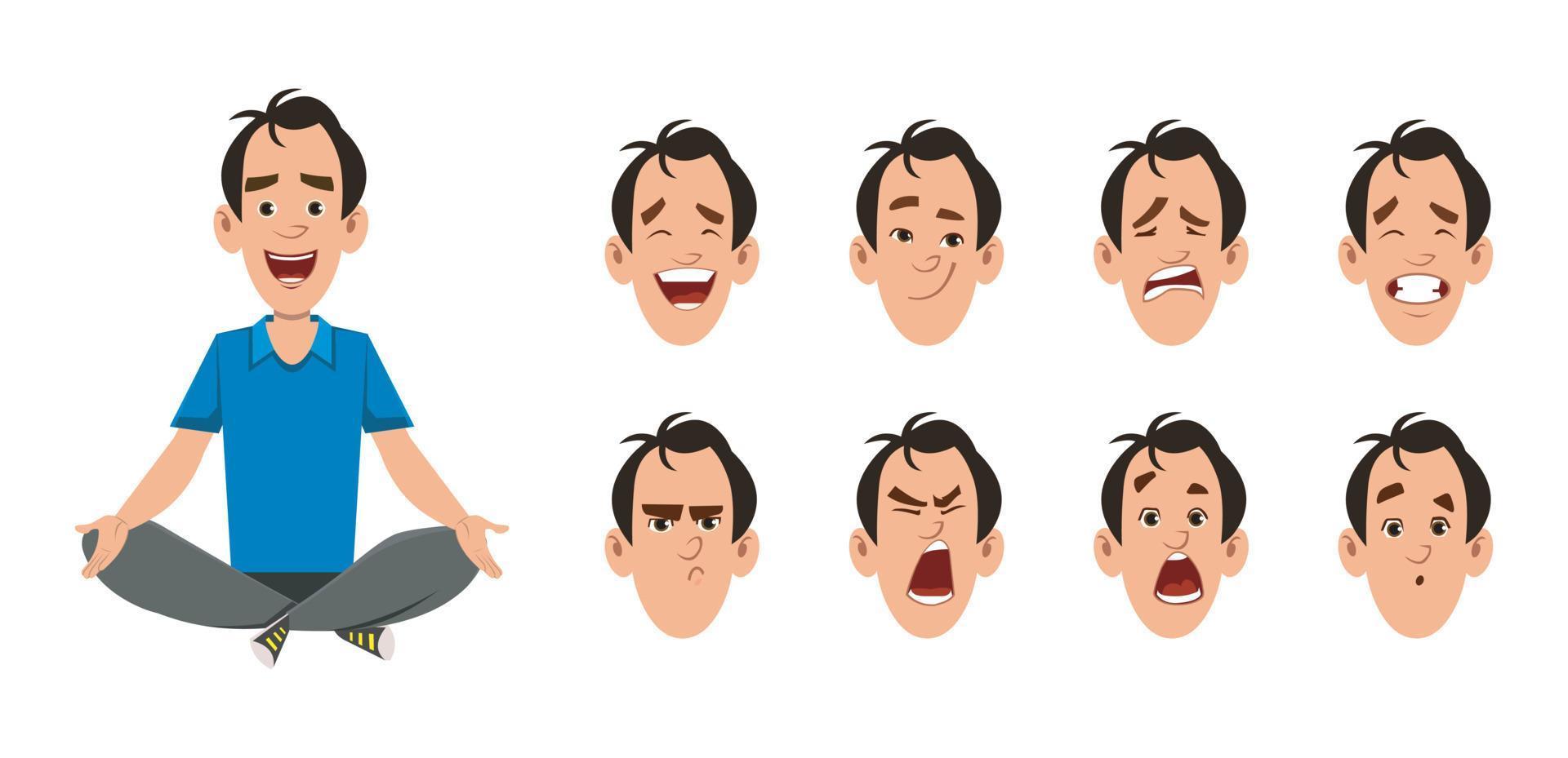 personaje de hombre joven con diferentes tipos de expresión facial. vector