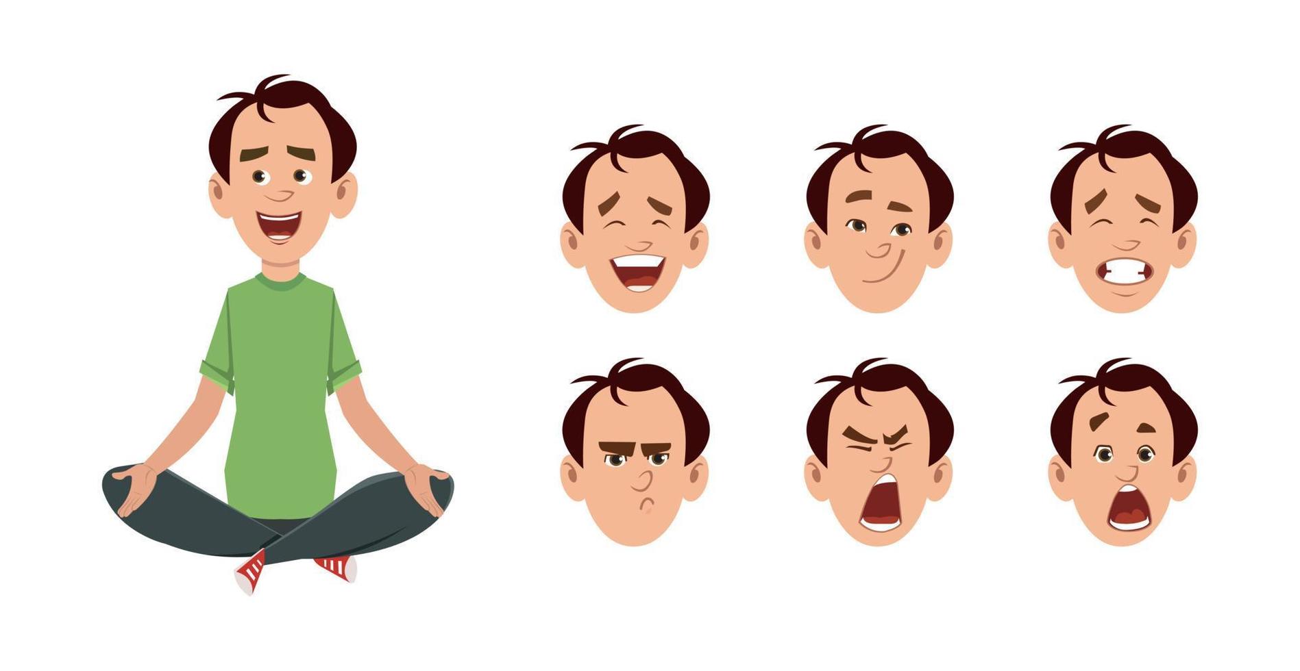 personaje de hombre joven con diferentes tipos de expresión facial. vector