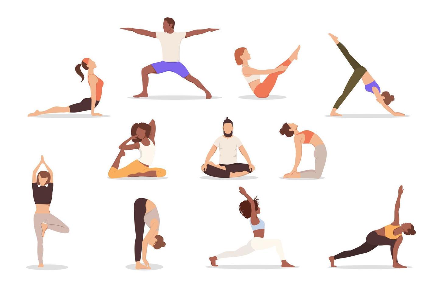 Set of poses woman and man yoga. Collection of multicultural people doing yoga isolated on white background. Vector illustration, eps 10