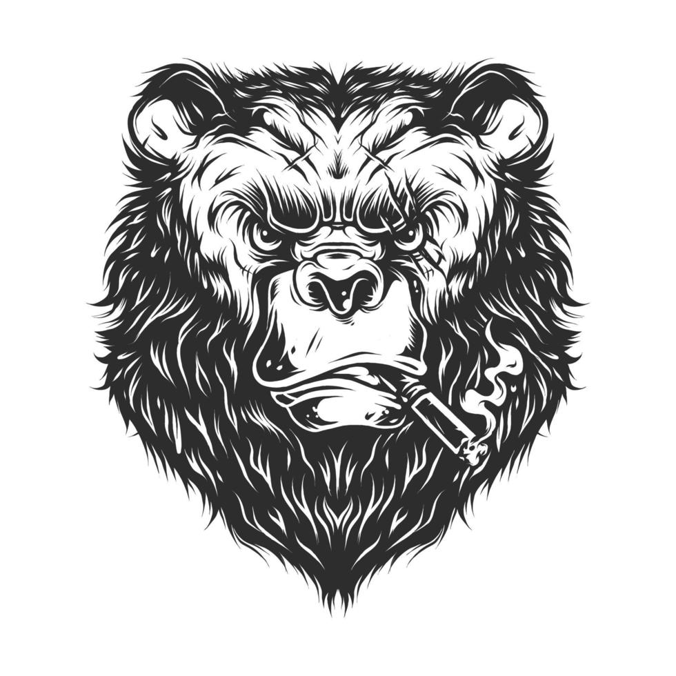 Hombre serio vintage, cabeza de oso con cigarrillos en estilo monocromo vector