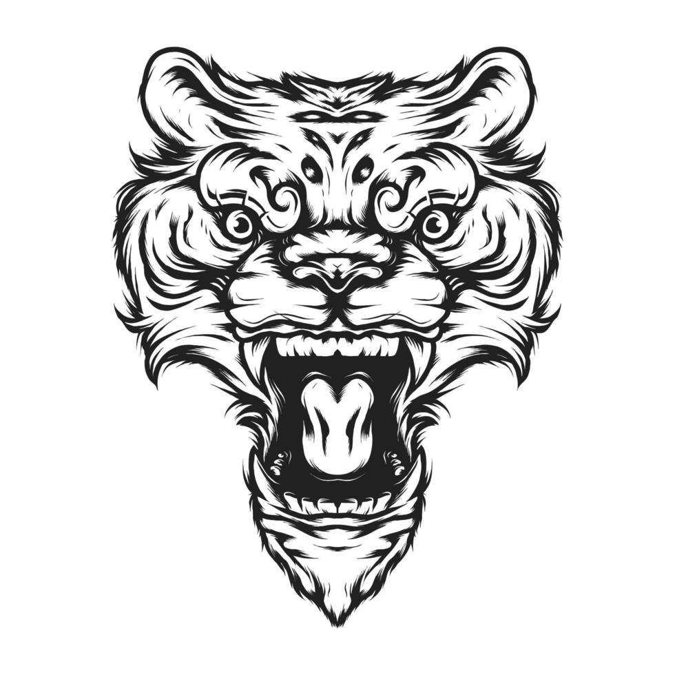 Vintage angry tiger head in monochrome style vector