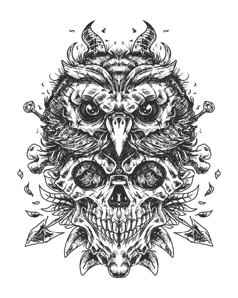 skull and owl in monochrome style illustration vector