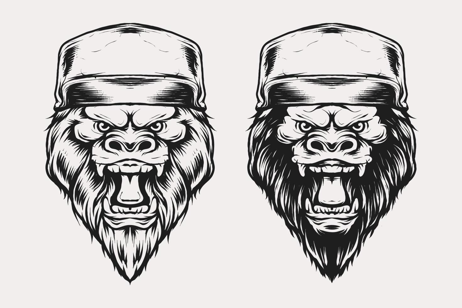 set of gorilla head with hat vector illustration in vintage monochrome style