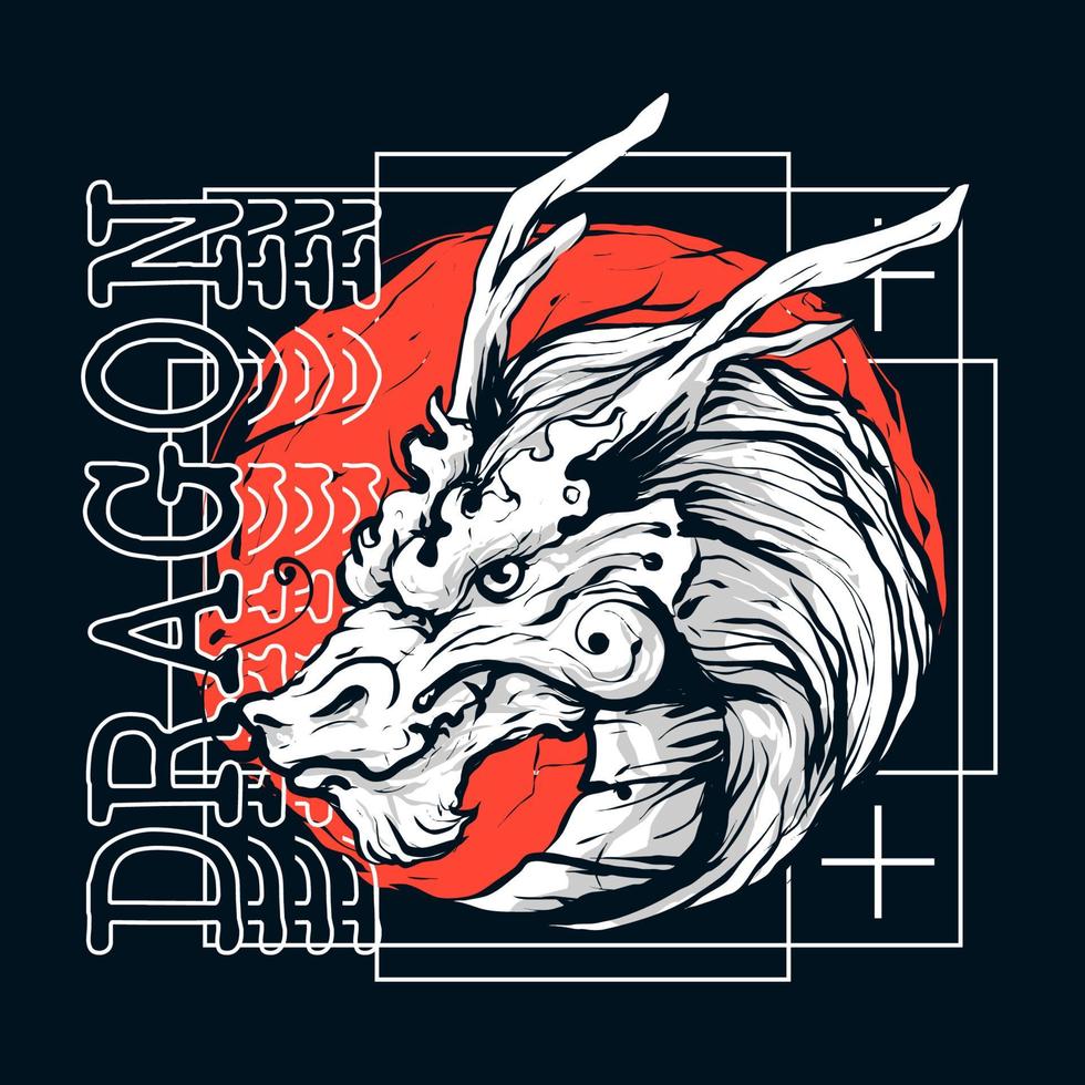 Ilustración de cabeza de dragón con sol rojo en estilo japonés vector