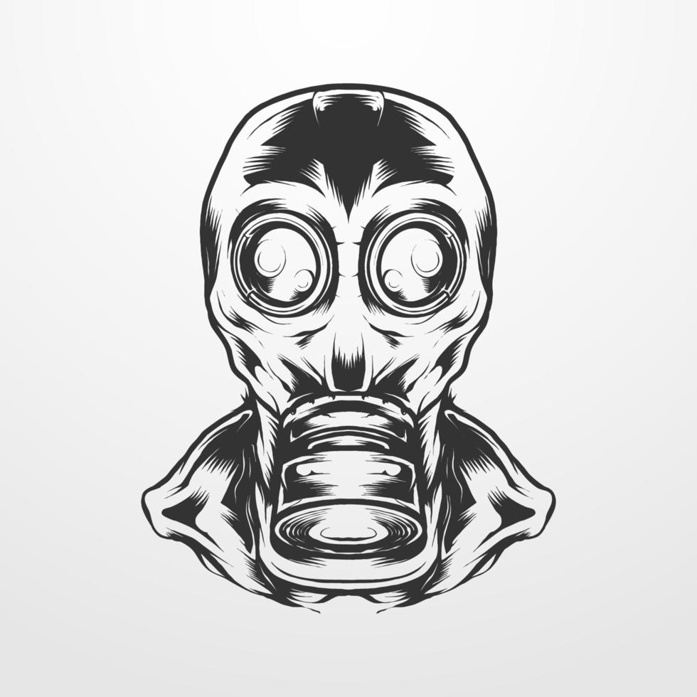Ilustración de vector de cabeza de máscara de gas en monocromo vintage aislado