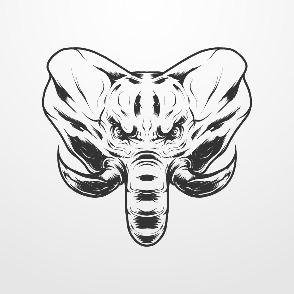 Ilustración de vector de cabeza de elefante en monocromo vintage aislado