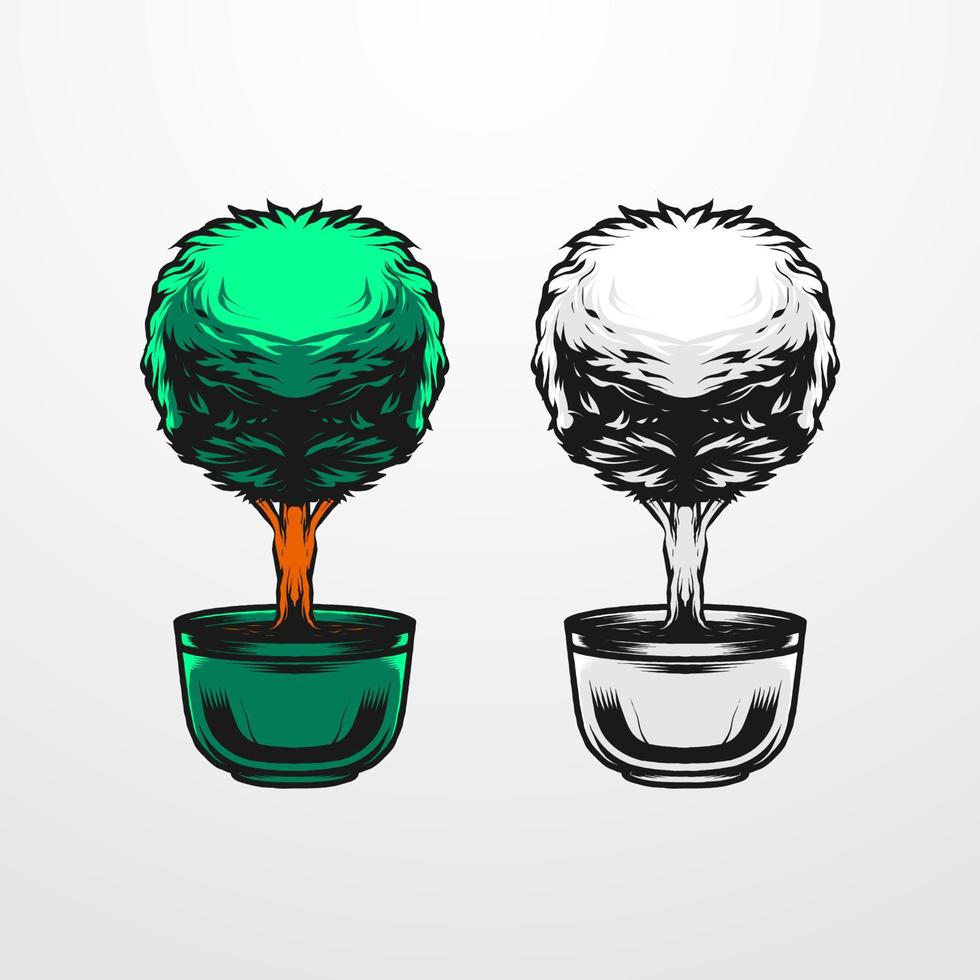 vector illustration of a tree with a vase isolated in vintage, old, monochrome style