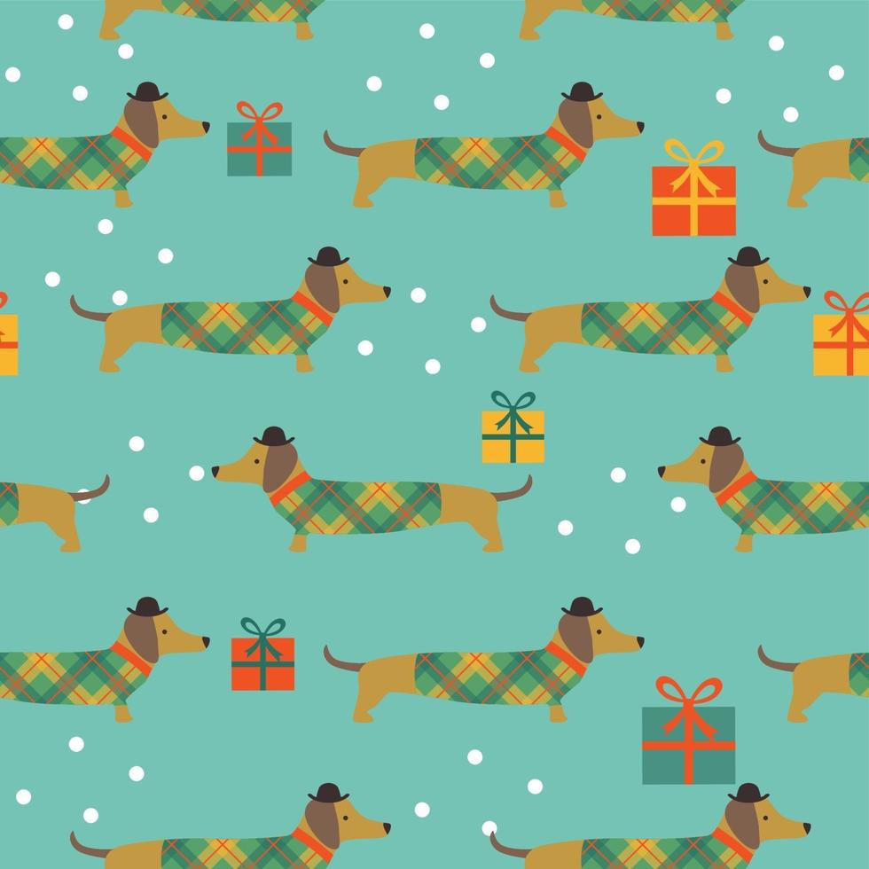 Navidad de patrones sin fisuras con regalos de copos de nieve de perros salchicha vector