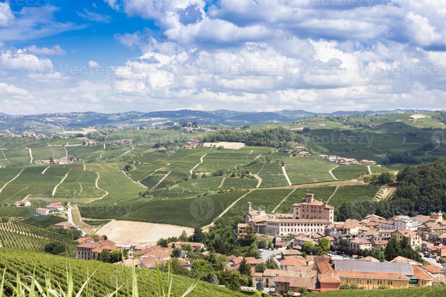 paisaje panorámico en la región de piamonte, italia. pintoresca colina de viñedos con el famoso castillo de Barolo. foto