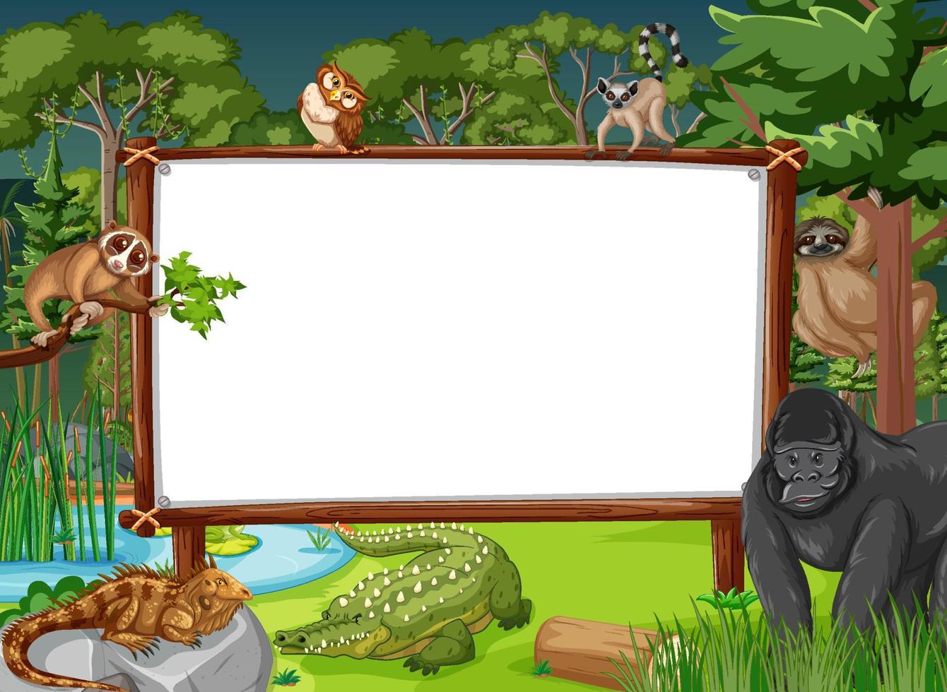 Banner en blanco en la escena de la selva tropical con animales salvajes vector