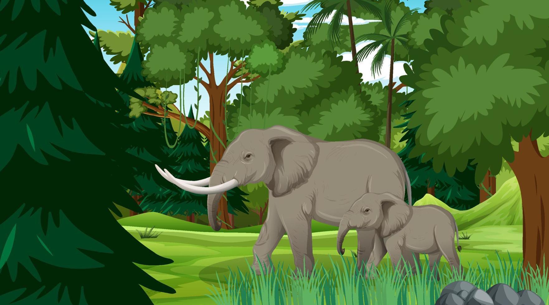 Mamá elefante y bebé en el bosque o la escena de la selva tropical con muchos árboles vector