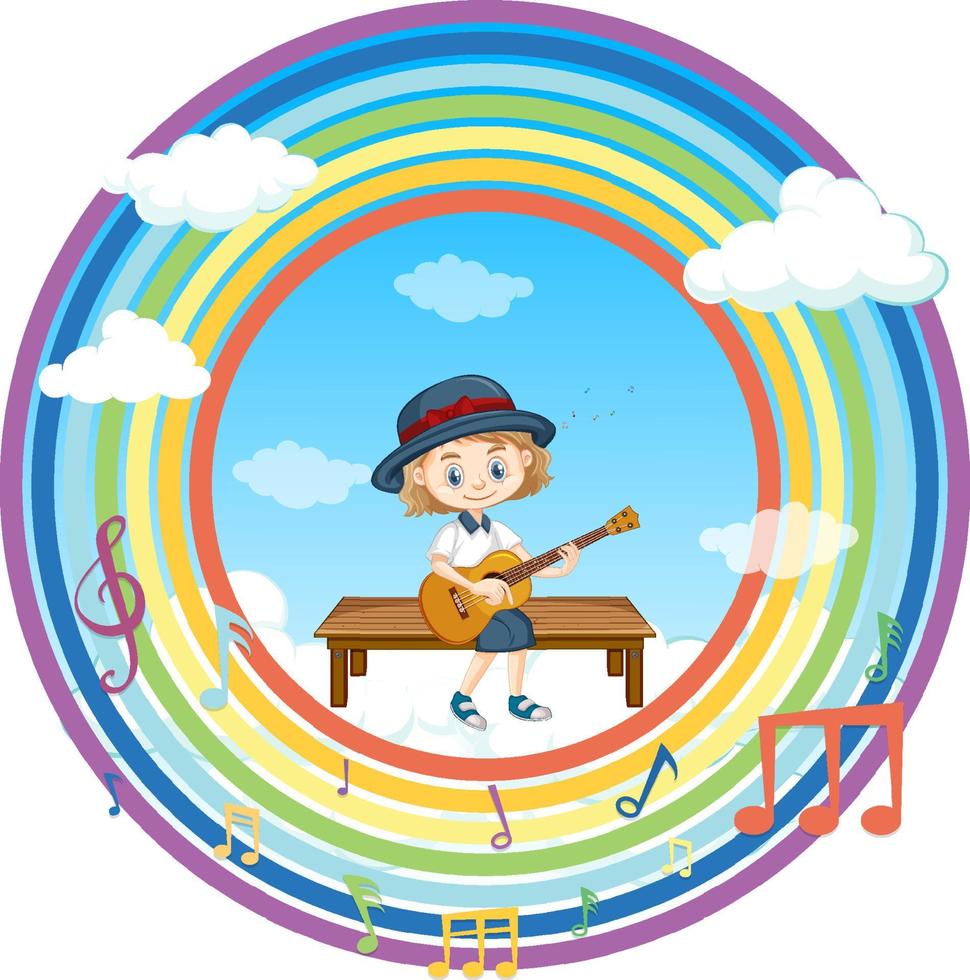niña feliz tocando la guitarra en el arco iris marco redondo con símbolo de melodía vector