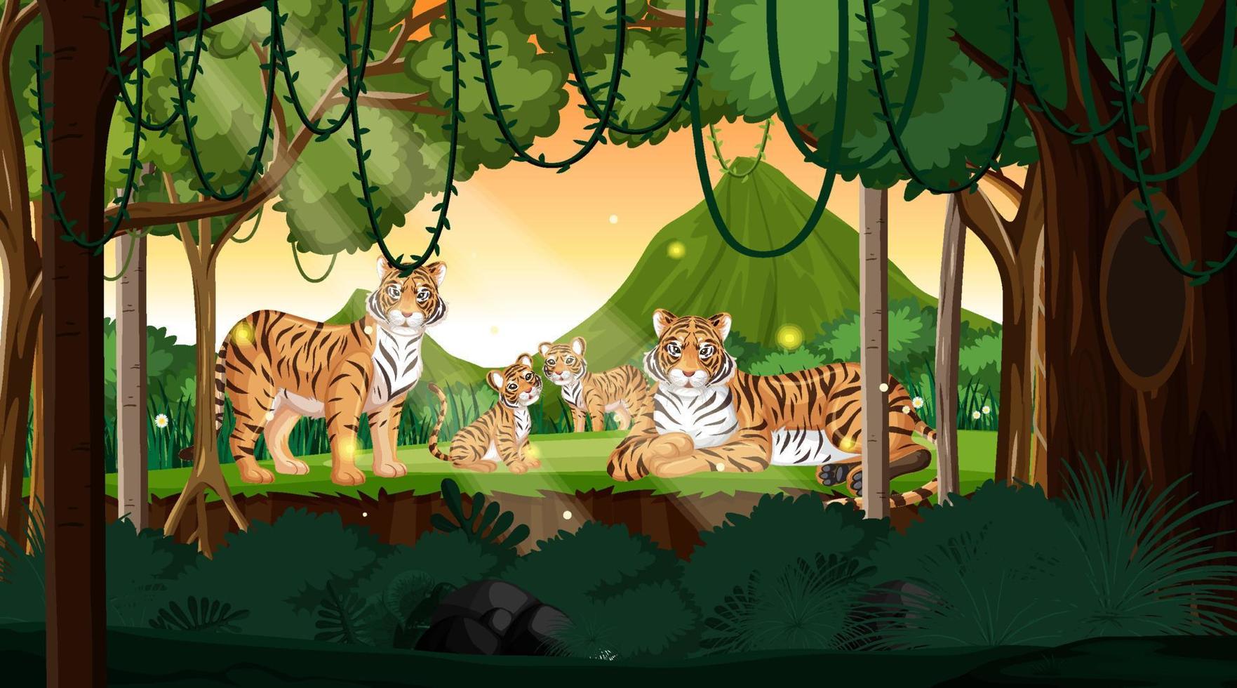 familia de tigre en el fondo del paisaje forestal vector