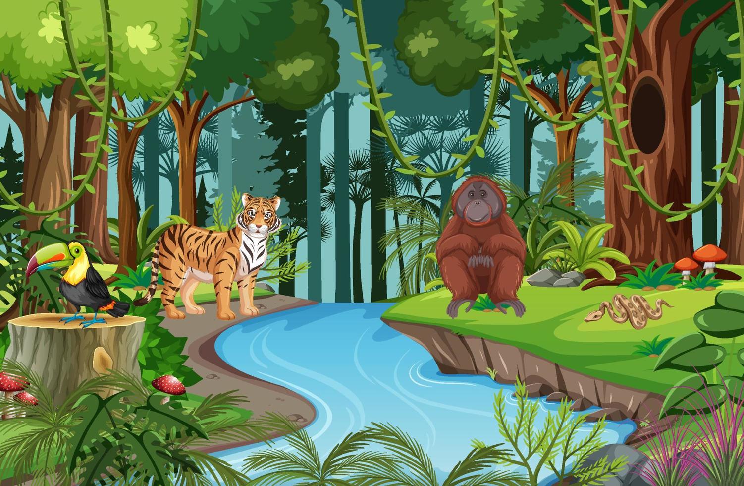 Nature scene with stream flowing through the forest with wild animals  3489097 Vector Art at Vecteezy
