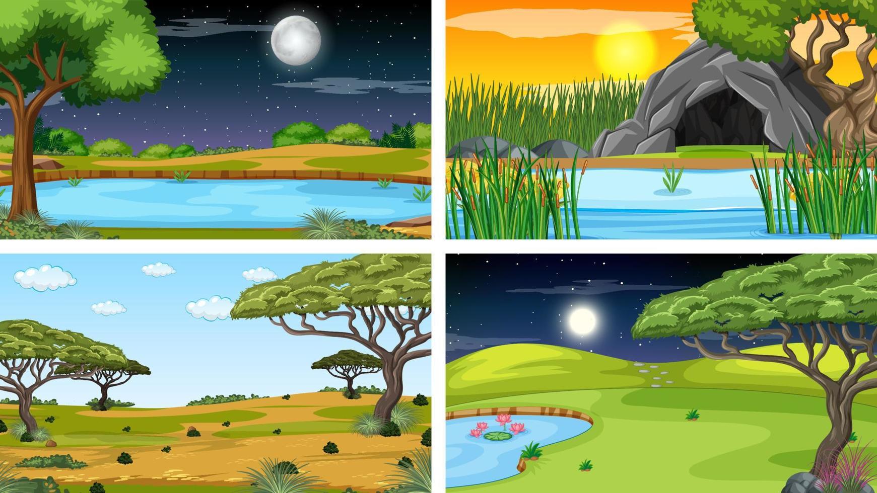 cuatro escenas diferentes de parque natural y bosque. vector