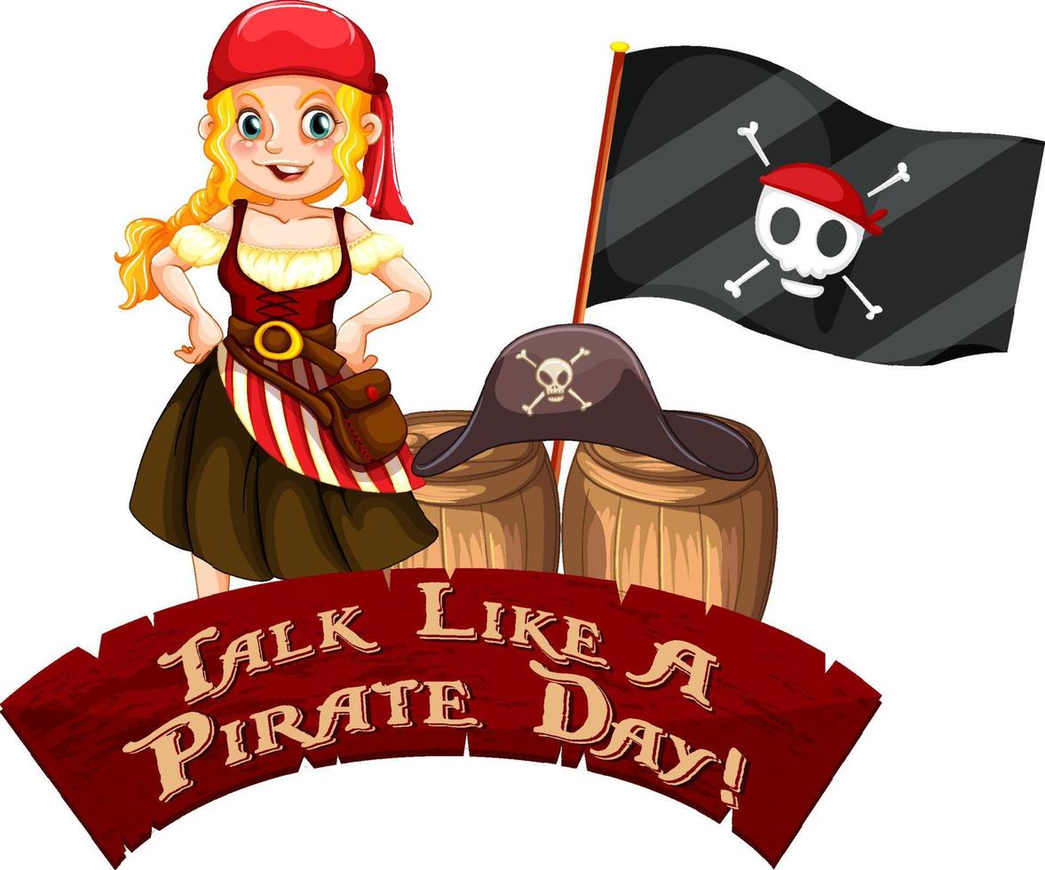 Talk Like A Pirate Day font banner with pirate girl cartoon character  3489235 Vector Art at Vecteezy