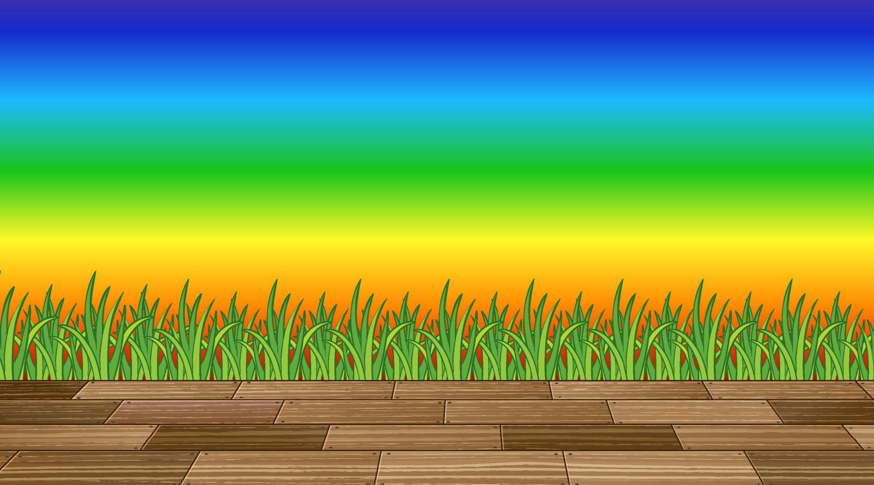 césped y piso de madera sobre fondo degradado de arco iris vector