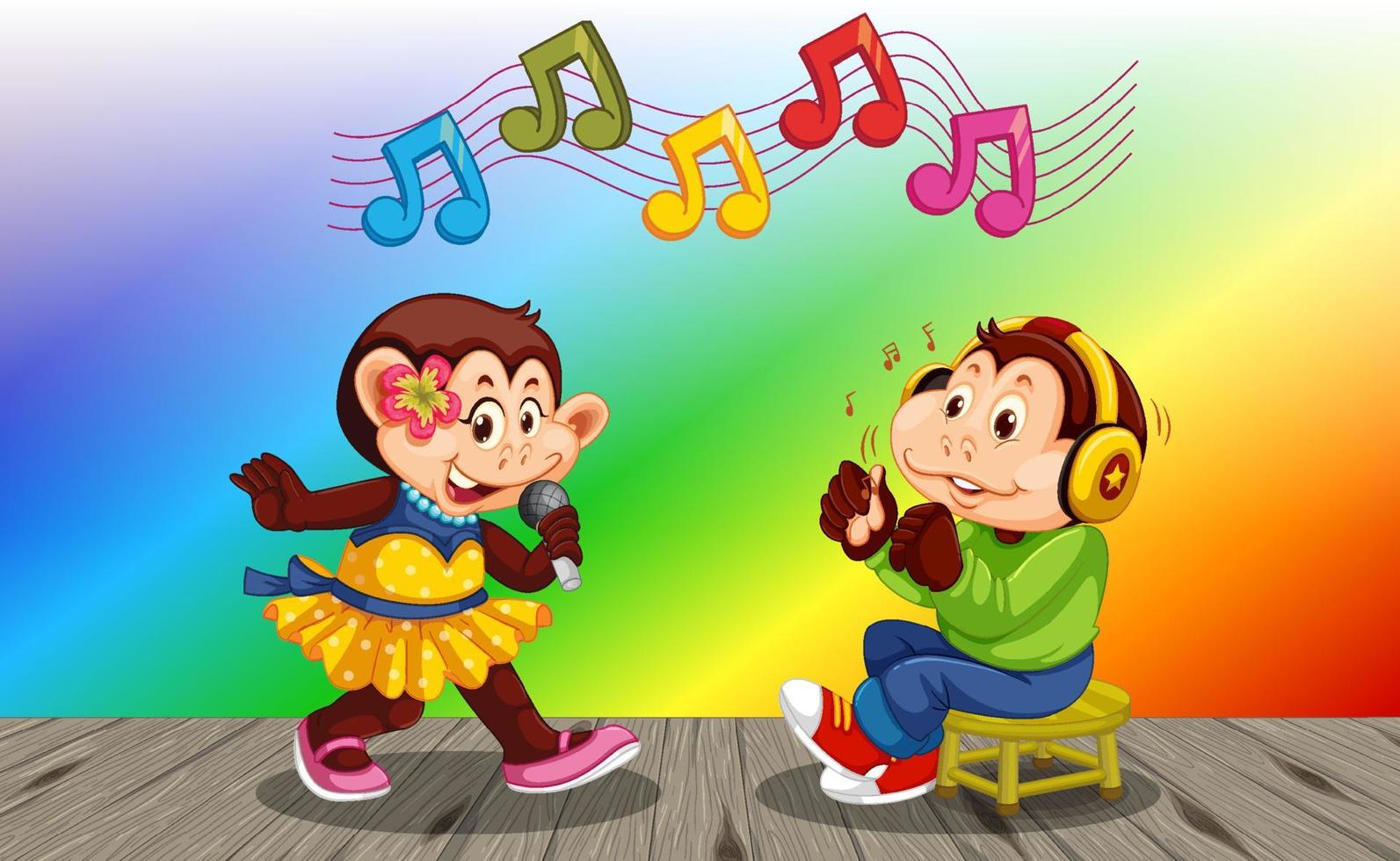 Two monkeys singing together on rainbow gradient background vector