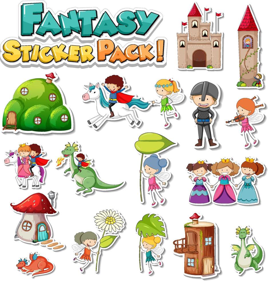 Sticker set with different fantasy cartoon characters vector