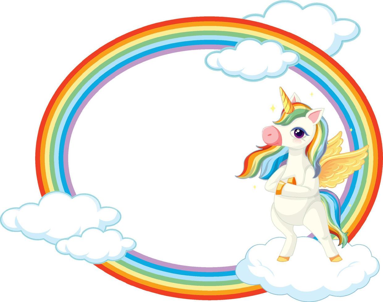 Rainbow frame with cute unicorn cartoon character vector