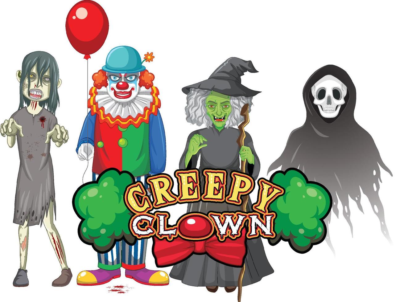 Creepy Clown text design with Halloween ghost characters vector