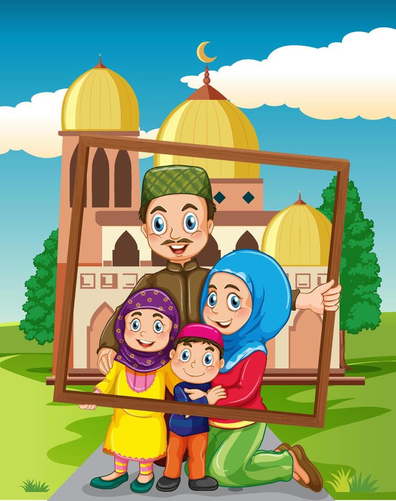 Happy family holding photo frame with mosque on the background vector