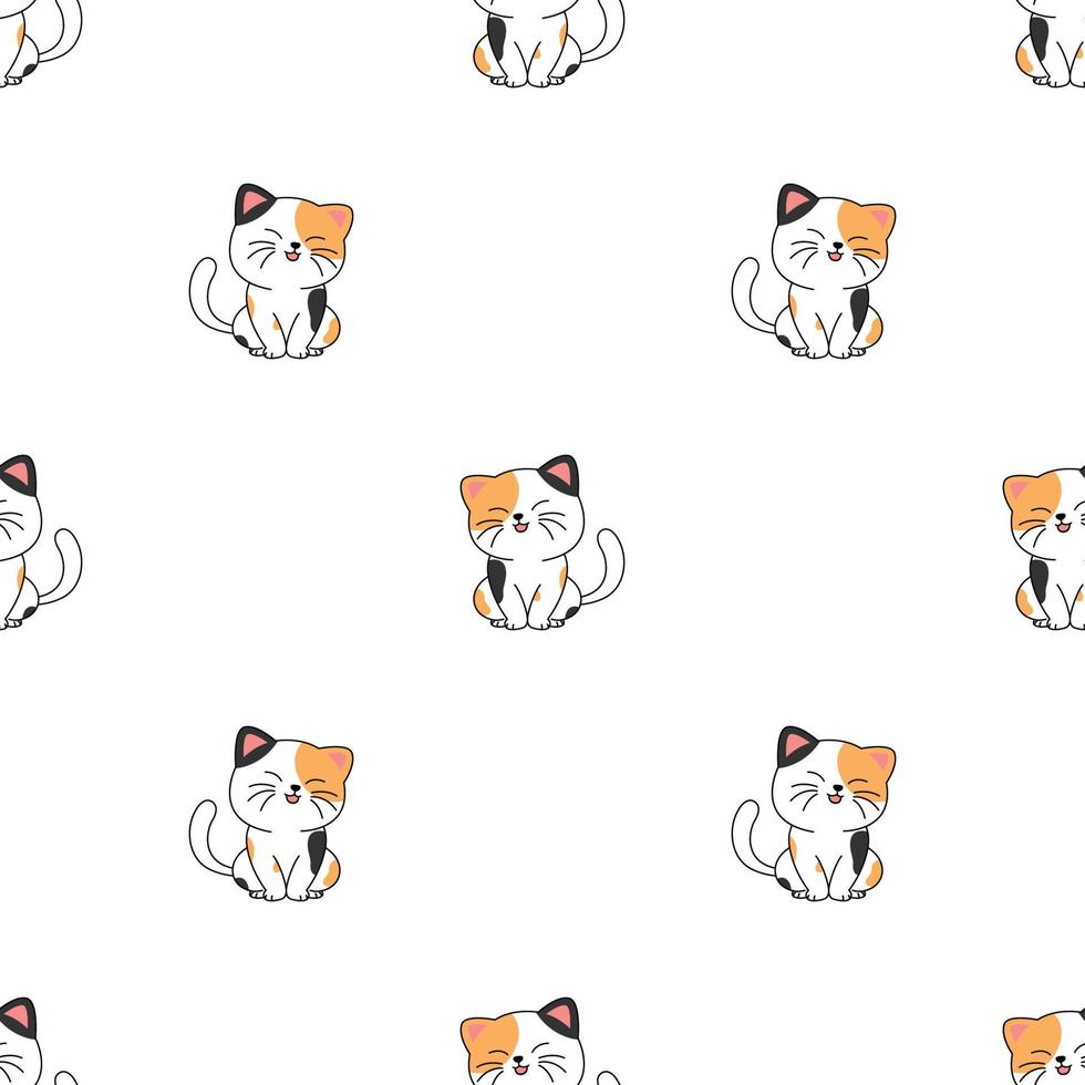 Cute three cat sitting and smiling cartoon seamless pattern vector