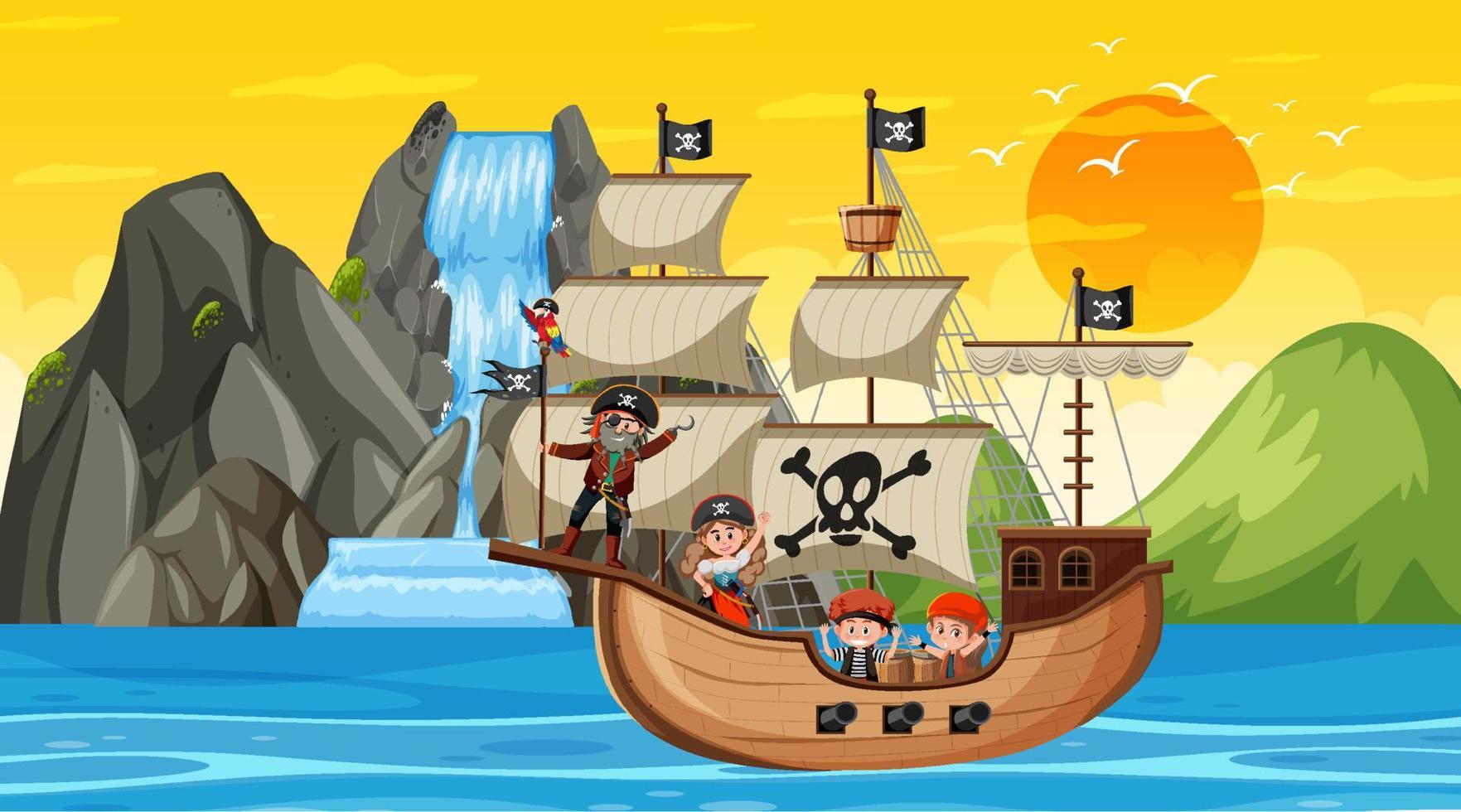 Ocean with Pirate ship at sunset scene in cartoon style vector