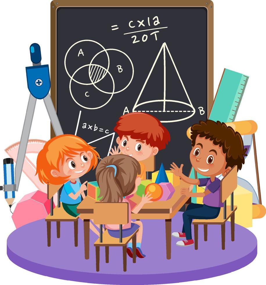 niños que aprenden matemáticas con herramientas y símbolo matemático vector