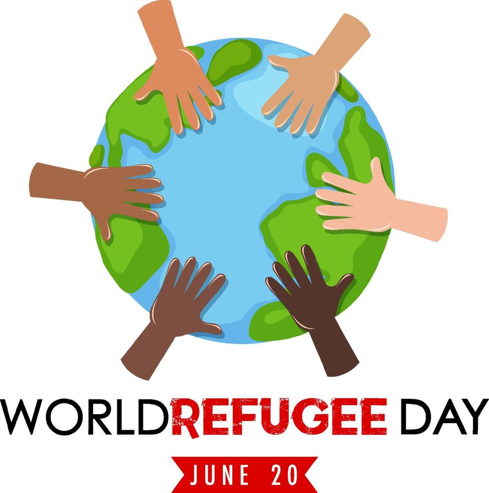 World Refugee Day banner with different hands on globe isolated vector