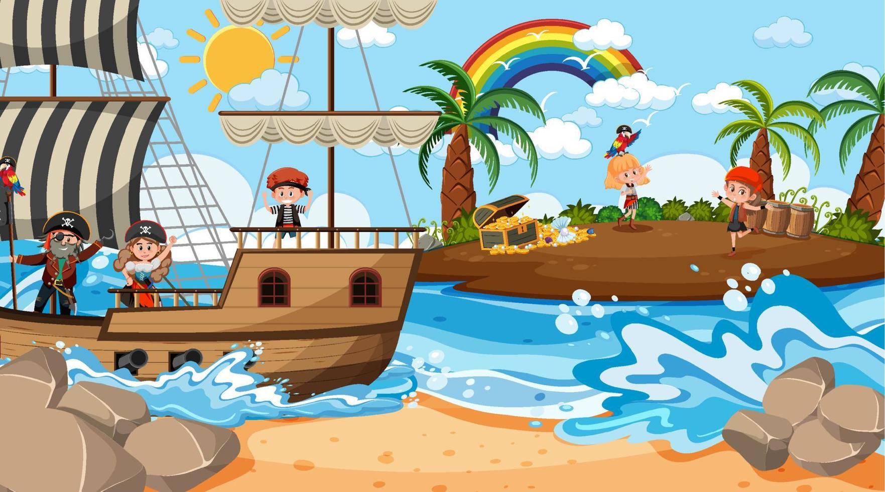 Treasure Island scene at daytime with Pirate kids vector