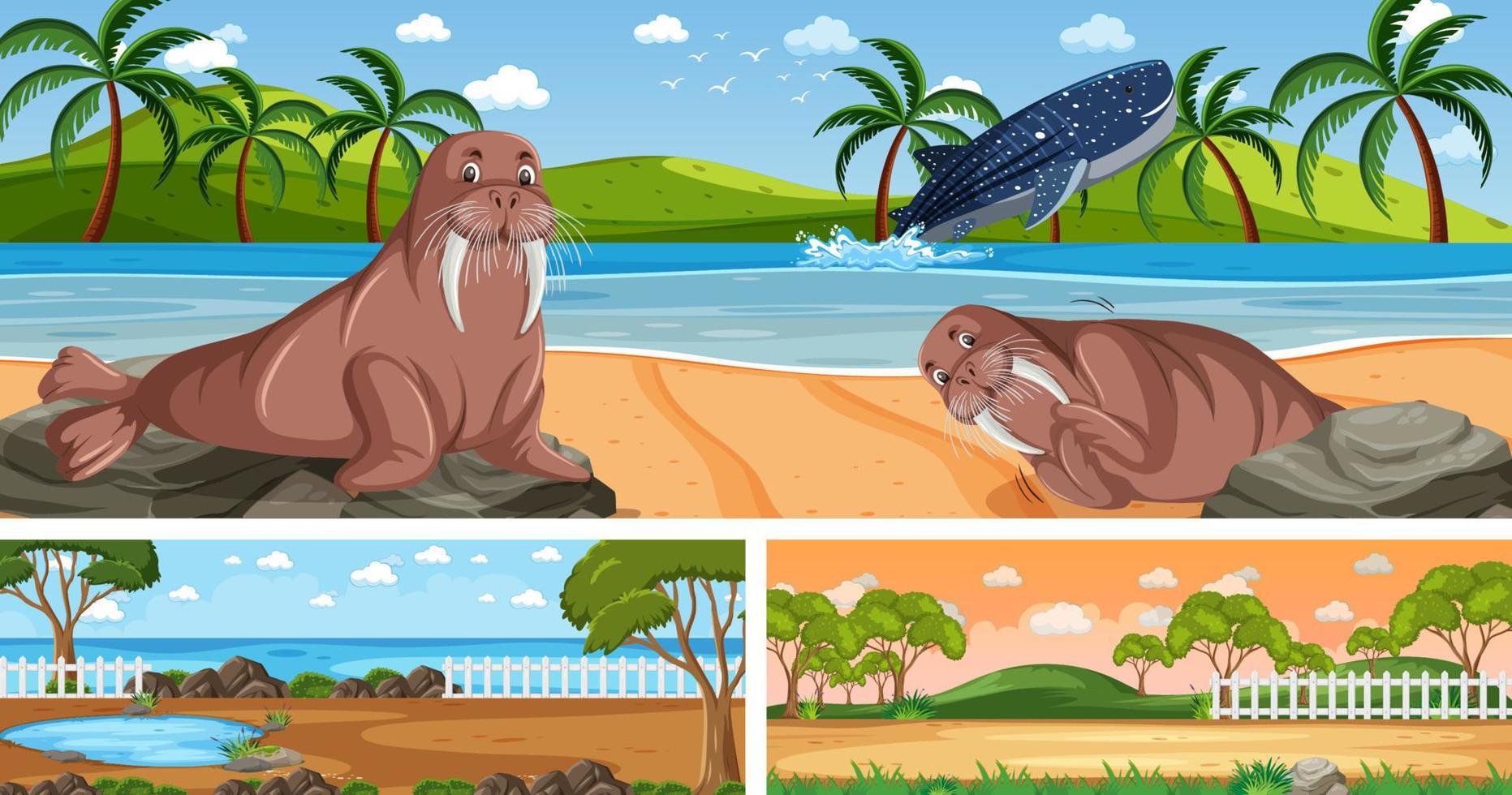 Set of outdoor panoramic landscape with cartoon character vector