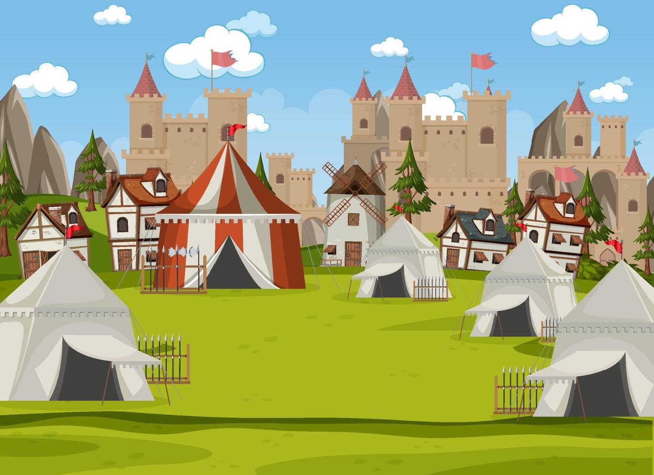 Campamento militar medieval con carpas y armas. vector