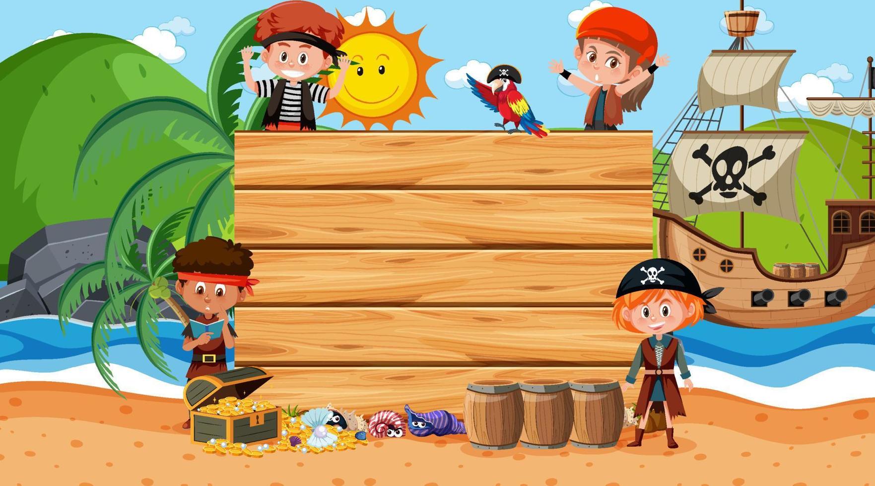 Empty banner template with pirate woman at the beach daytime scene vector