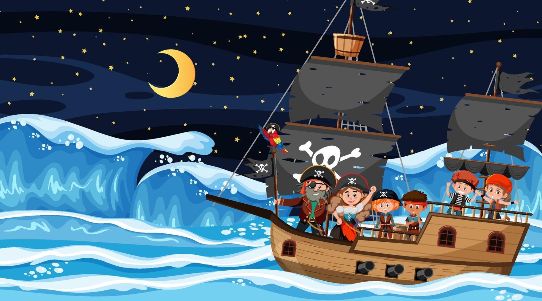 Ocean scene at night with Pirate kids on the ship vector