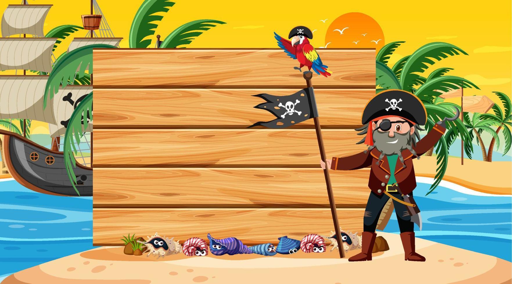 Plantilla de banner vacío con hombre pirata en la escena del atardecer en la playa vector