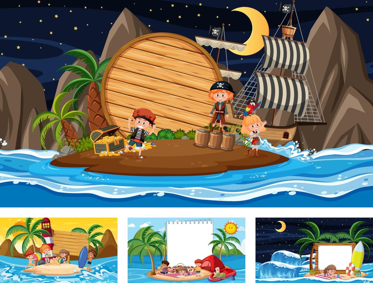 Set of blank banner in different tropical beach scenes vector