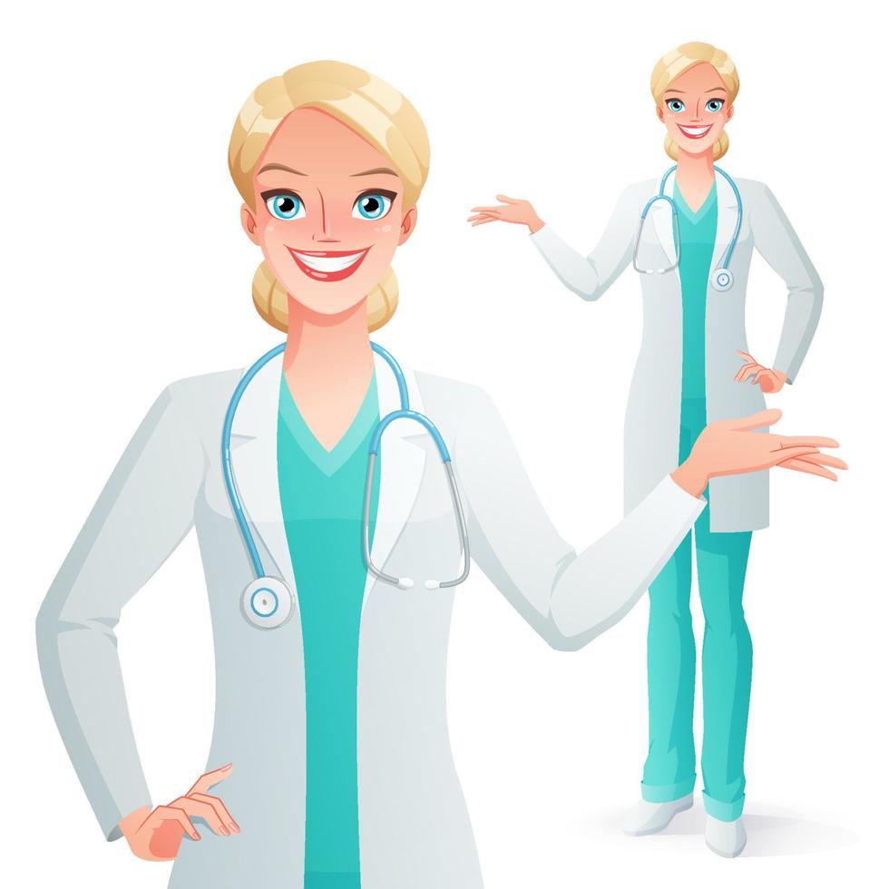 sonriente, doctor, presentación, mujer, en, médico, matorrales, uniforme vector