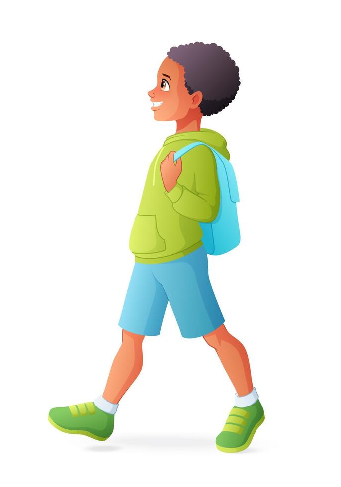 African American boy walking with backpack vector illustration